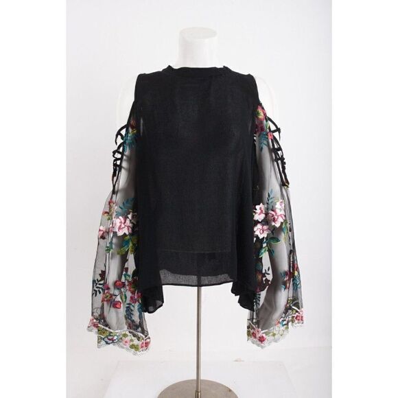 Umgee Tops - Umgee Womens Embroidered Shirt Blouse S Black Sheer Flared Long Sleeve NWT